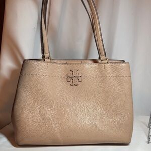 Tory Burch Nude Tan Pebbled Leather Triple Compartment McGraw Tote